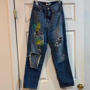 Willow & Root Anthropologie Blue Boyfriend Jeans with Colorful Patch